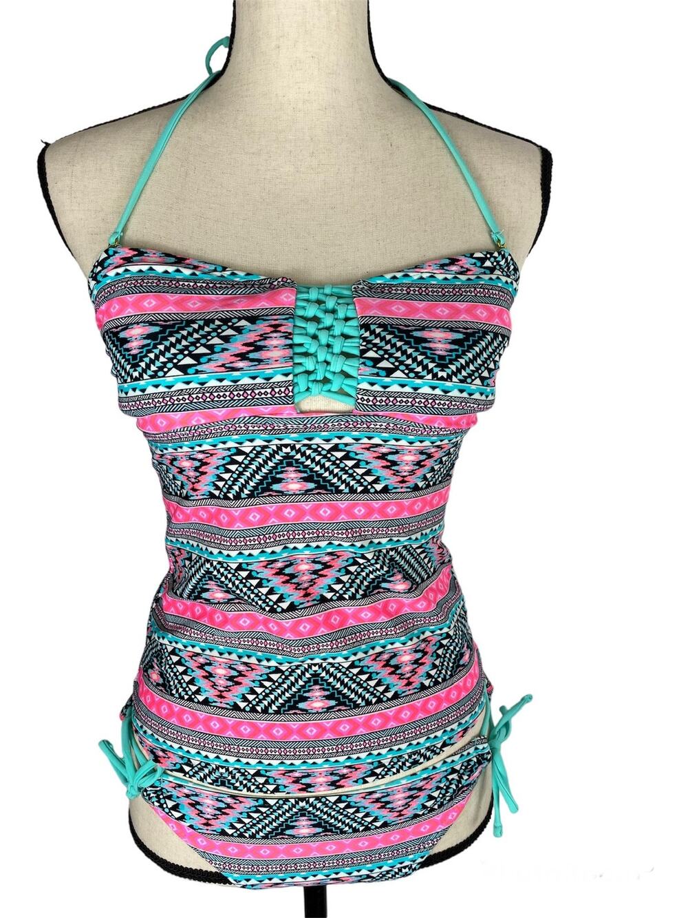 Island Soul Halter Tankini Swimsuit Pink & Black Ikat Stripe Strapless Bikini Sm